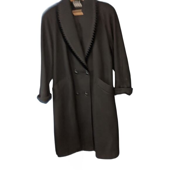 Joffeld Long Black Coat Vintage Wool‎ with Velvet Trim on Shawl Collar. Large. - Picture 1 of 3